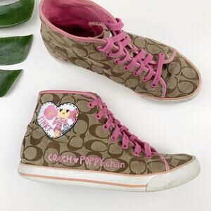 Coach Poppy Chan Hi Top Sneakers Pinky Brown Signature Pattern Shoes Women's 9